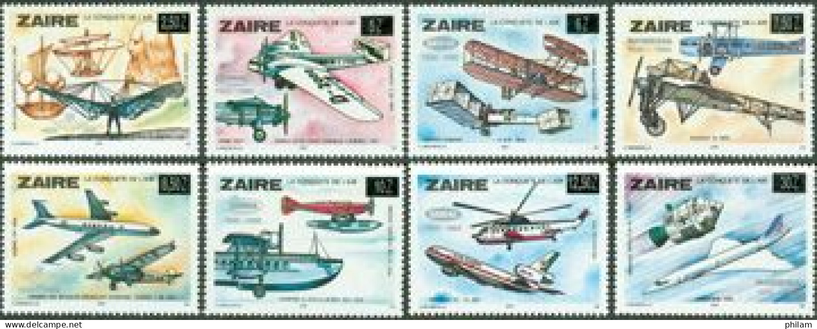 ZAIRE 1985 - Histoire De L'aviation Surchargés SABENA 1935-1985 - 8 V. - Airplanes