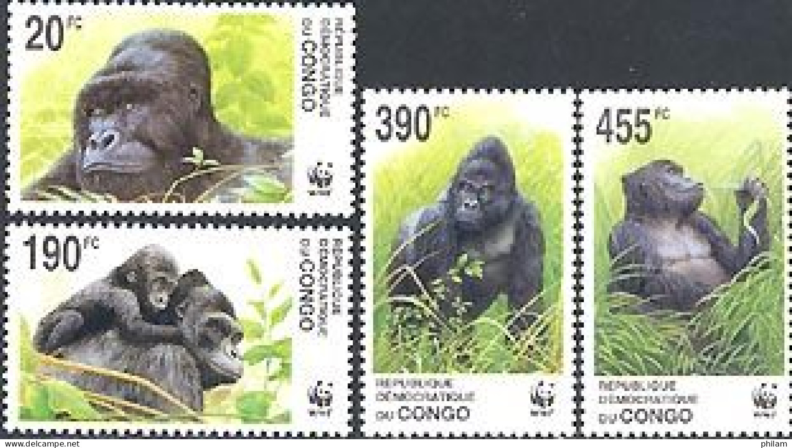 CONGO KINSHASA 2002 - W.W.F. Le Gorille Bonobo - 4 V. - Singes