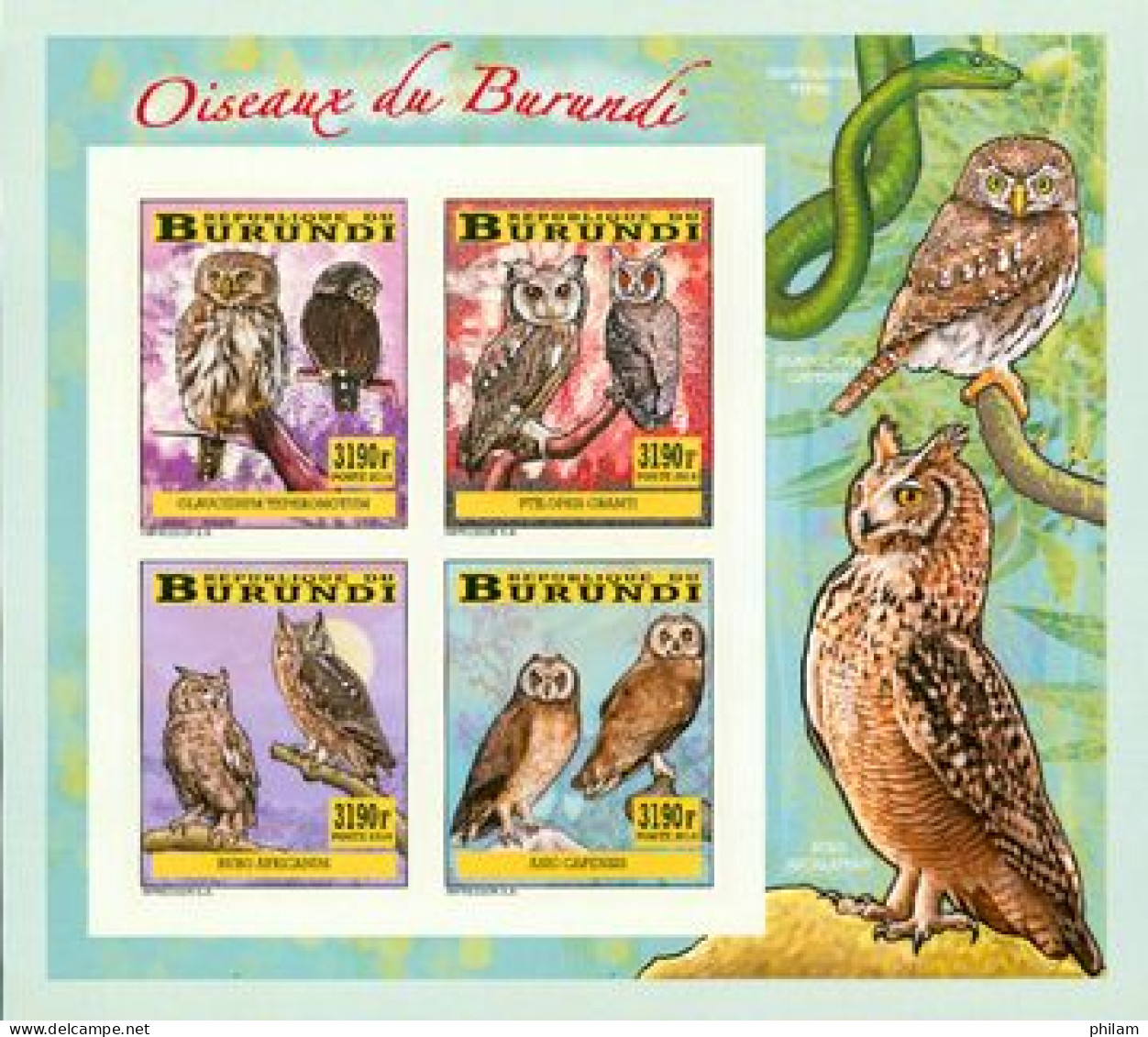 Burundi 2014 - Les Oiseaux Du Burundi - Chouettes Et Hiboux - Bloc Collectif Non Perforé - Owls