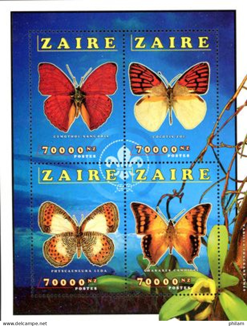 ZAIRE 1996 - Papillons Et Scoutisme -  4 Timbes En Bloc Dentelé - Nuevos