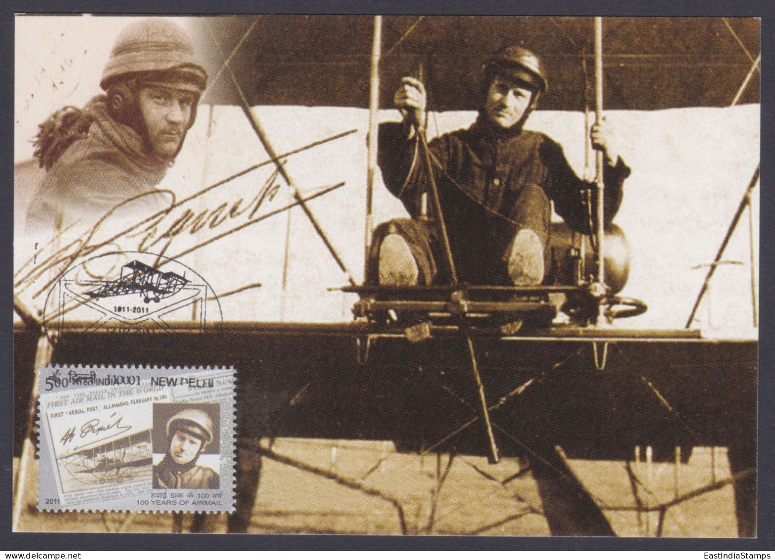 Inde India 2011 Maximum Max Card Airmail Centenary, Airplane, Mons Henri Pequet, Pilot, Biplane, Aeroplane, Aircraft - Brieven En Documenten