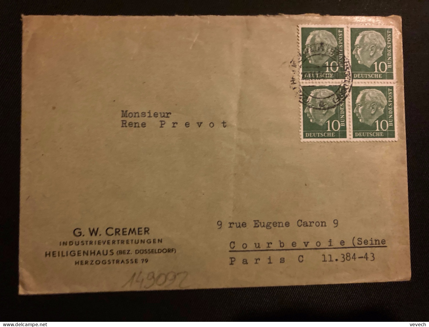 LETTRE GW CREMER Pour La FRANCE TP 10 BLOC DE 4 OBL.22-11 54 HEILIGENHAUS - Cartas & Documentos