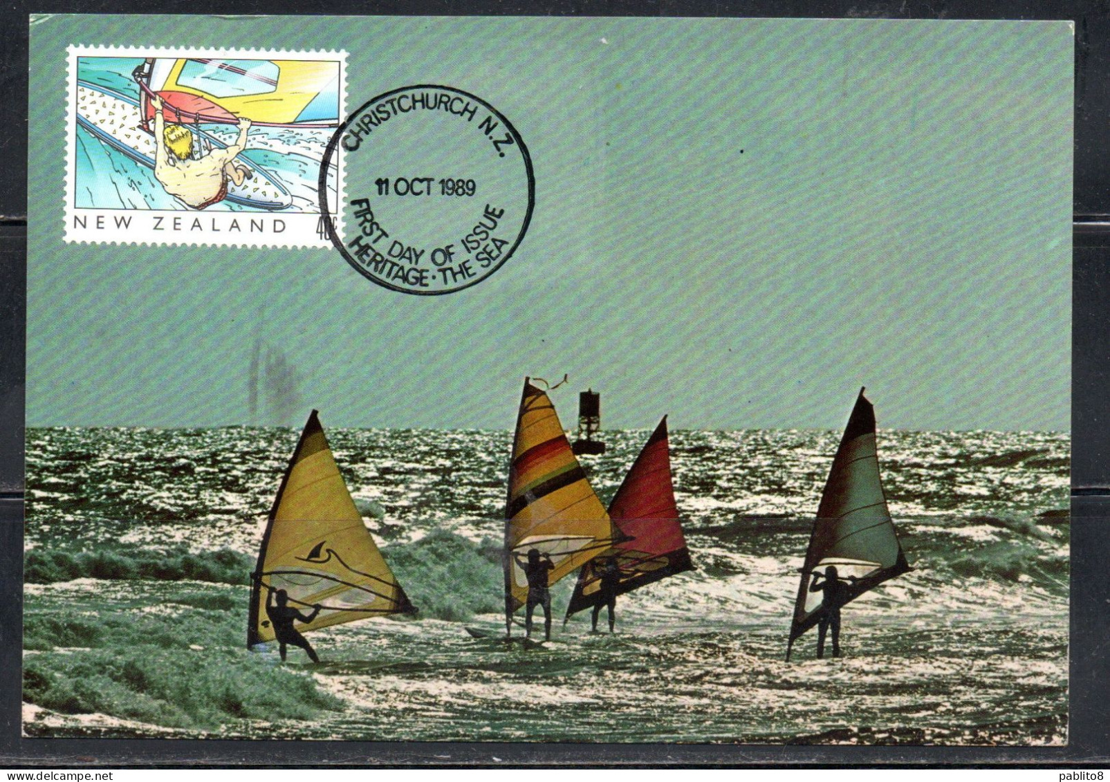 NEW ZEALAND NUOVA ZELANDA 1989 HERITAGE THE SEA WINDSURFING 40c MAXI MAXIMUM CARD CARTE - FDC