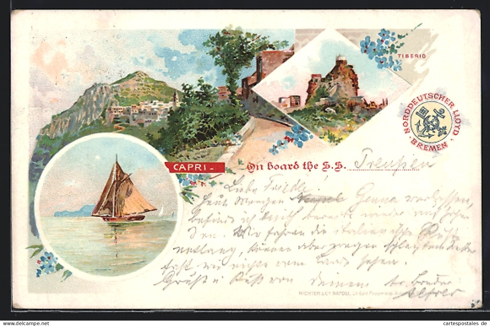 Lithographie Capri, Teilansicht, Tiberio, Segelboot  - Sonstige & Ohne Zuordnung