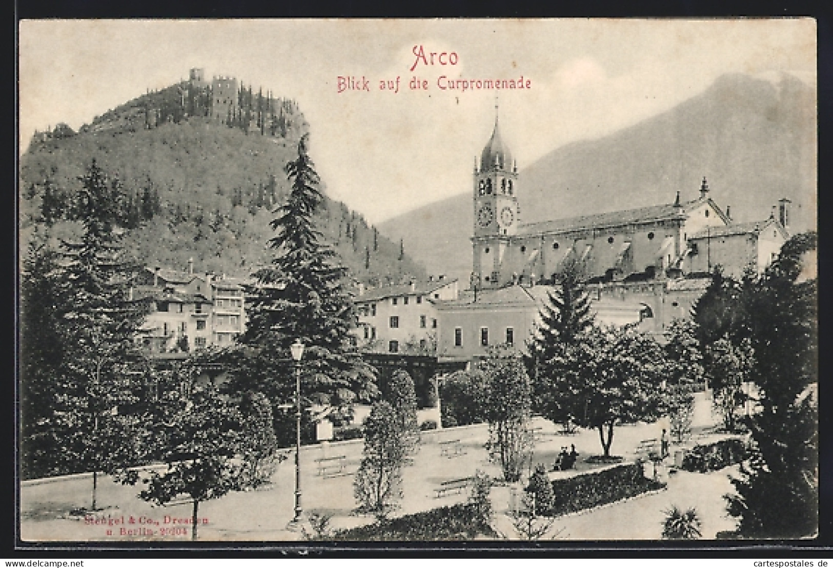 Cartolina Arco, Blick Auf Curpromenade Und Kirche  - Sonstige & Ohne Zuordnung