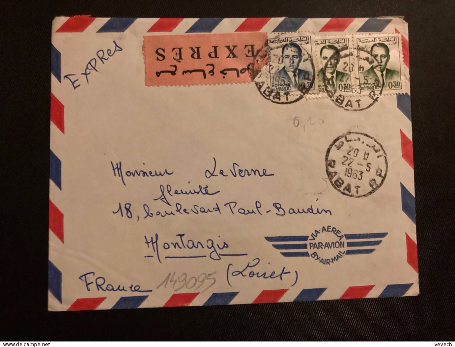 LETTRE LA ROSERAIE Par EXPRES Par Avion Pour La FRANCE TP 070 + 0,30 Paire OBL.22-5 1963 RABAT RP - Marokko (1956-...)