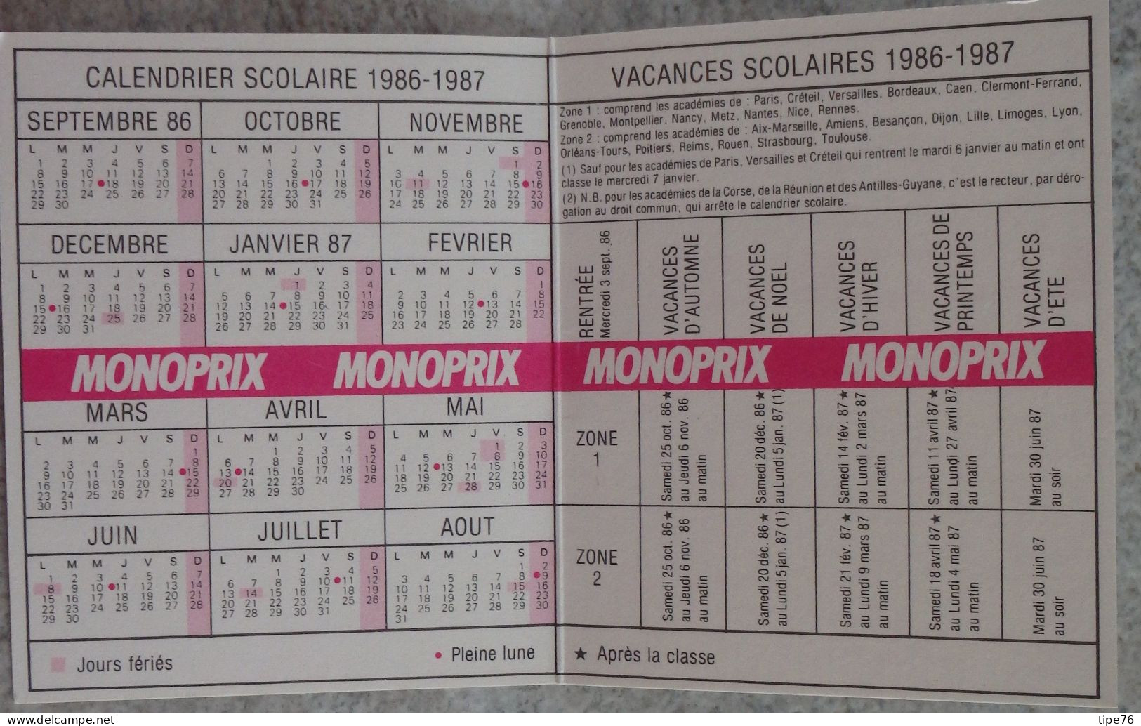 Petit Calendrier De Poche 1986 1987 Enseigne Monoprix  Entrez Dans La Classe - Tamaño Pequeño : 1981-90