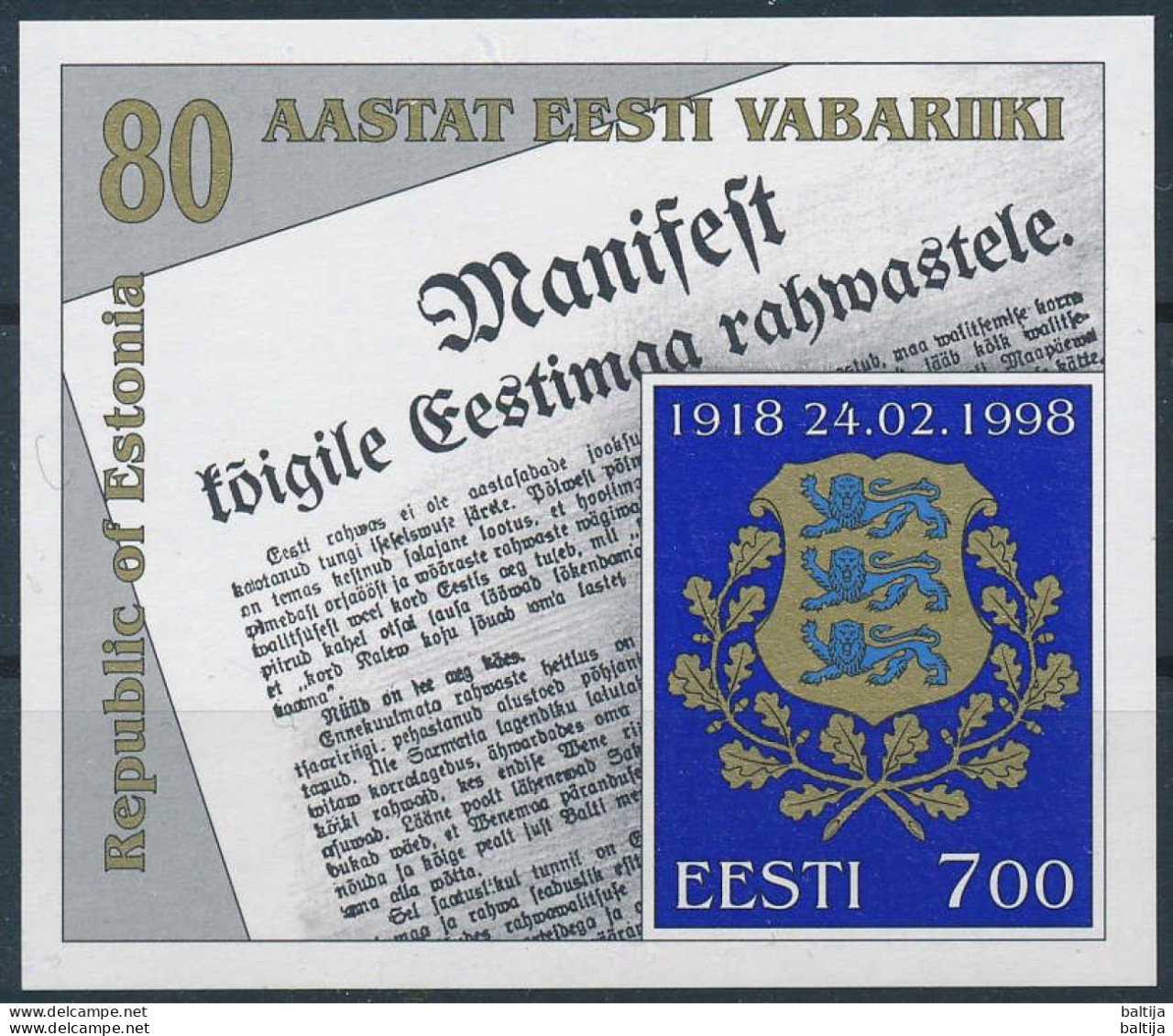 Mi Block 11 MNH ** / Proclamation Of The Republic 80th Anniversary - Estland