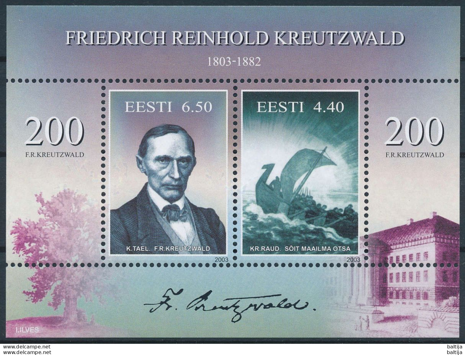 Mi Block 20 MNH ** / Writer Friedrich Reinhold Kreutzwald 200th Birthday, National Epic, Kalevipoeg - Estland