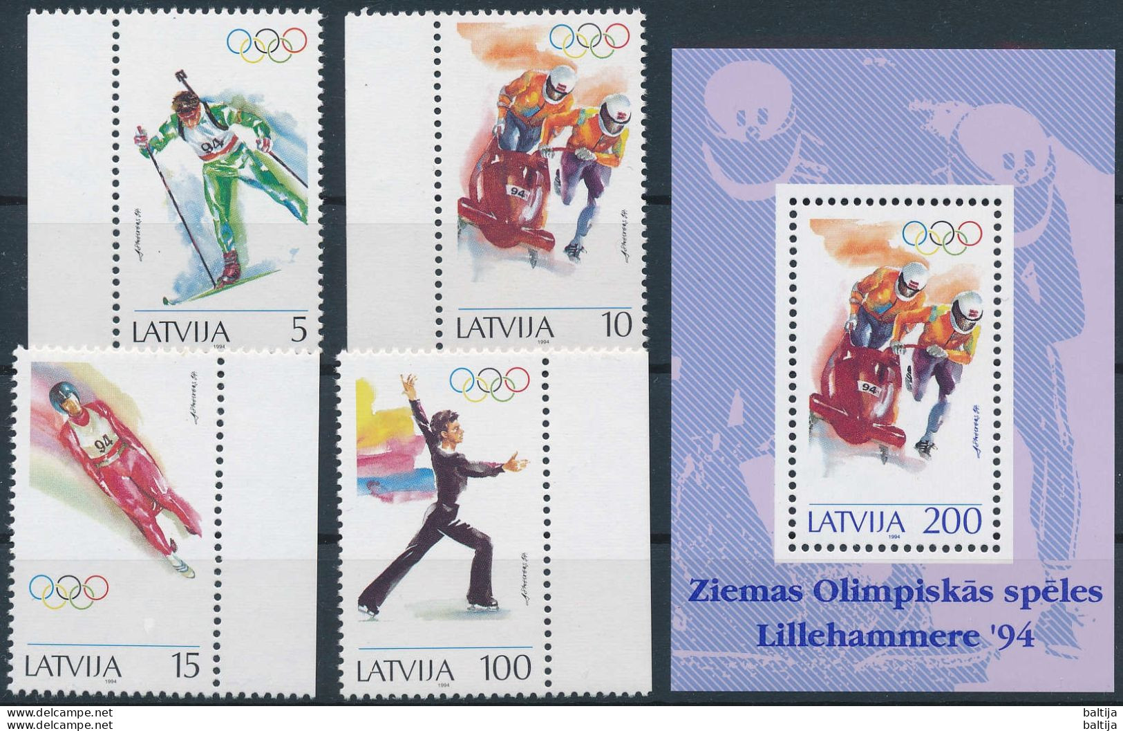 Mi 364-367 + Block 4 ** MNH / Winter Olympics Lillehammer 1994 / Biathlon, Bobsleigh, Skeleton, Figure Skating - Latvia