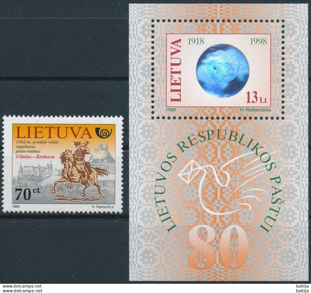 Mi 676 + Block 14 ** MNH / Lithuanian Postal Service 80th Anniversary, Mail Rider, Vilnius - Kraków, Hologram - Lithuania