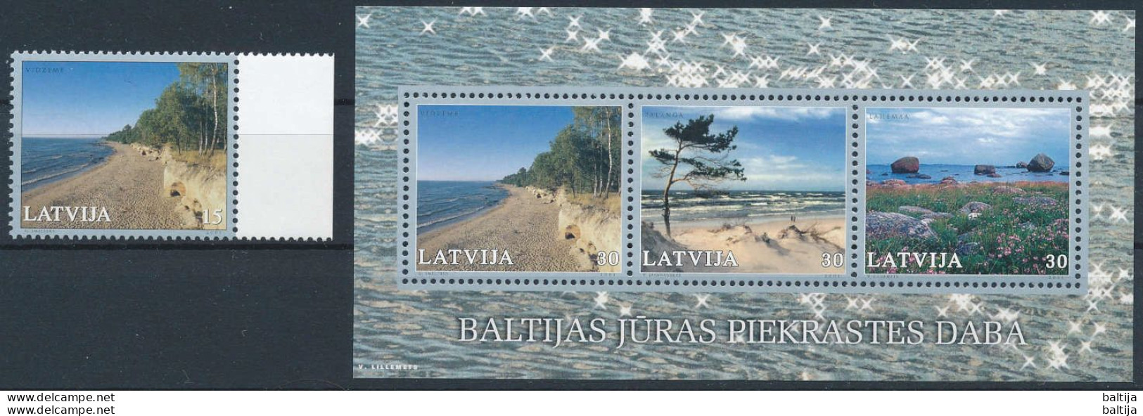 Mi 551 + Block 15 ** MNH / Nature Of The Baltic Sea Coast / Palanga, Lahemaa, Gulf Of Riga, Joint Issue - Latvia