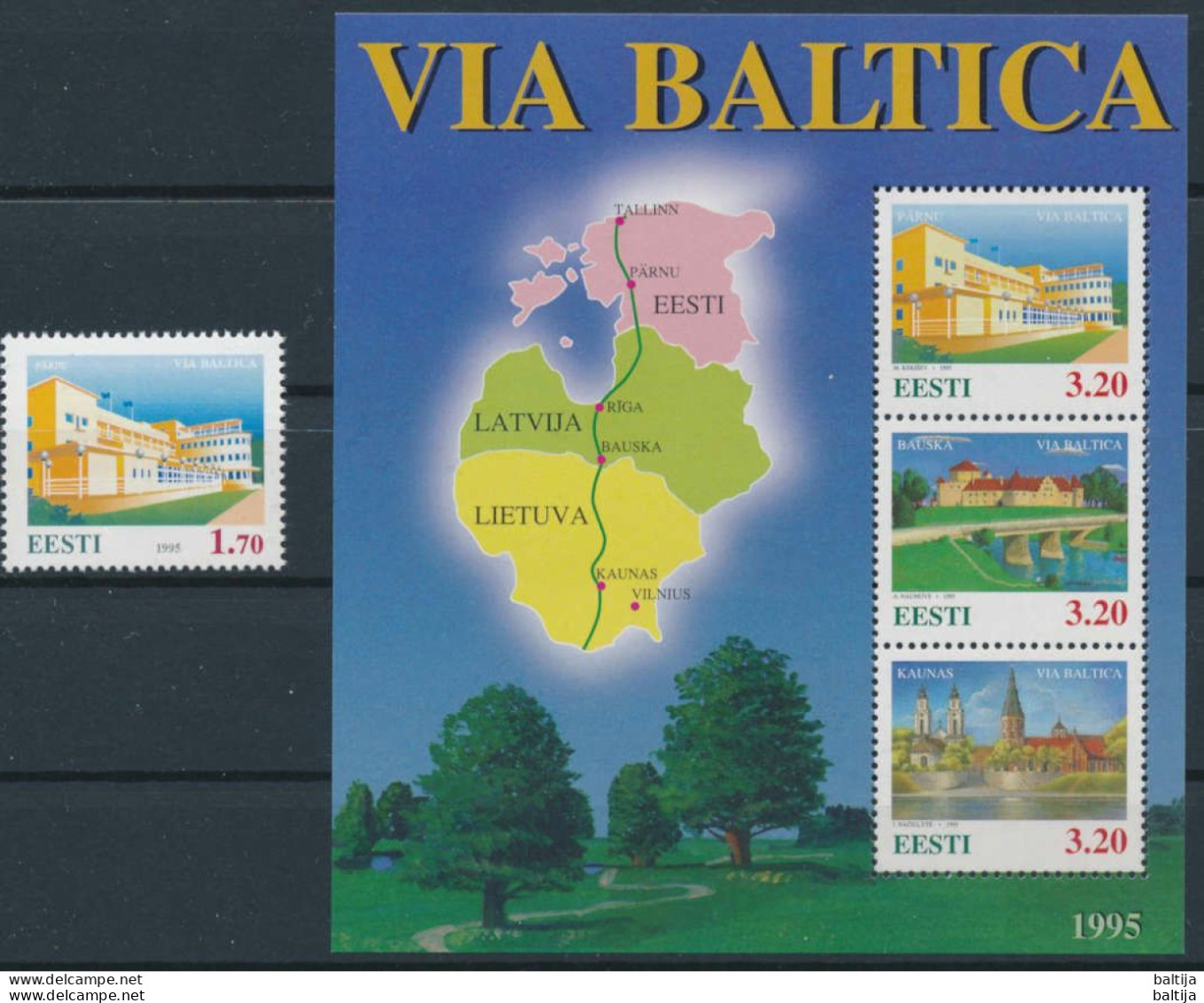 Mi 250 & Block 8 MNH ** / Via Baltica, Road, Infrastructure / Map, Chart, Pärnu, Bauska, Kaunas / Joint Issue - Estonia