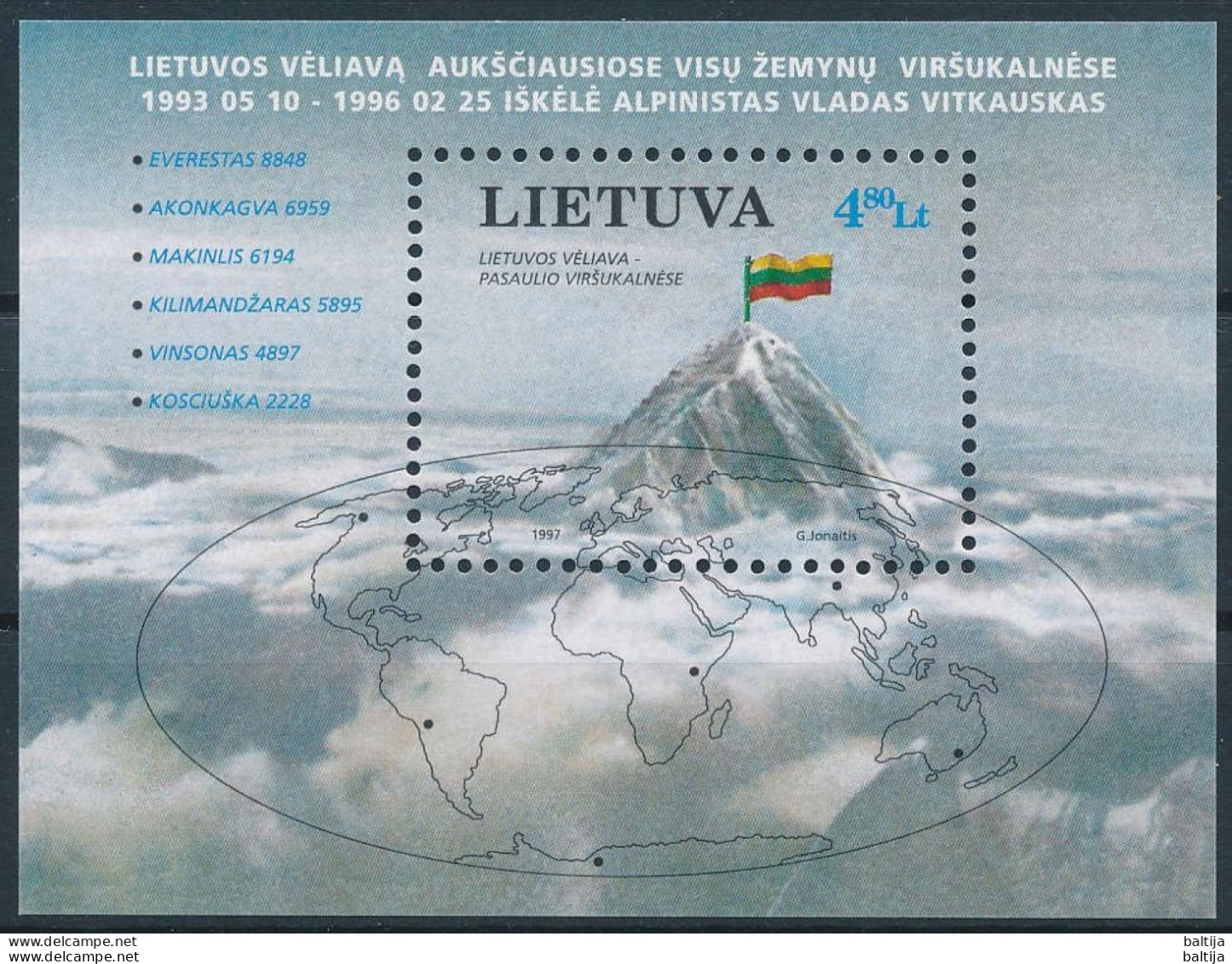 Mi Block 10 ** MNH / Mountaineering, Alpinist, Vladas Vitkauskas, 1st Lithuanian Seven Summits, Flag - Lithuania