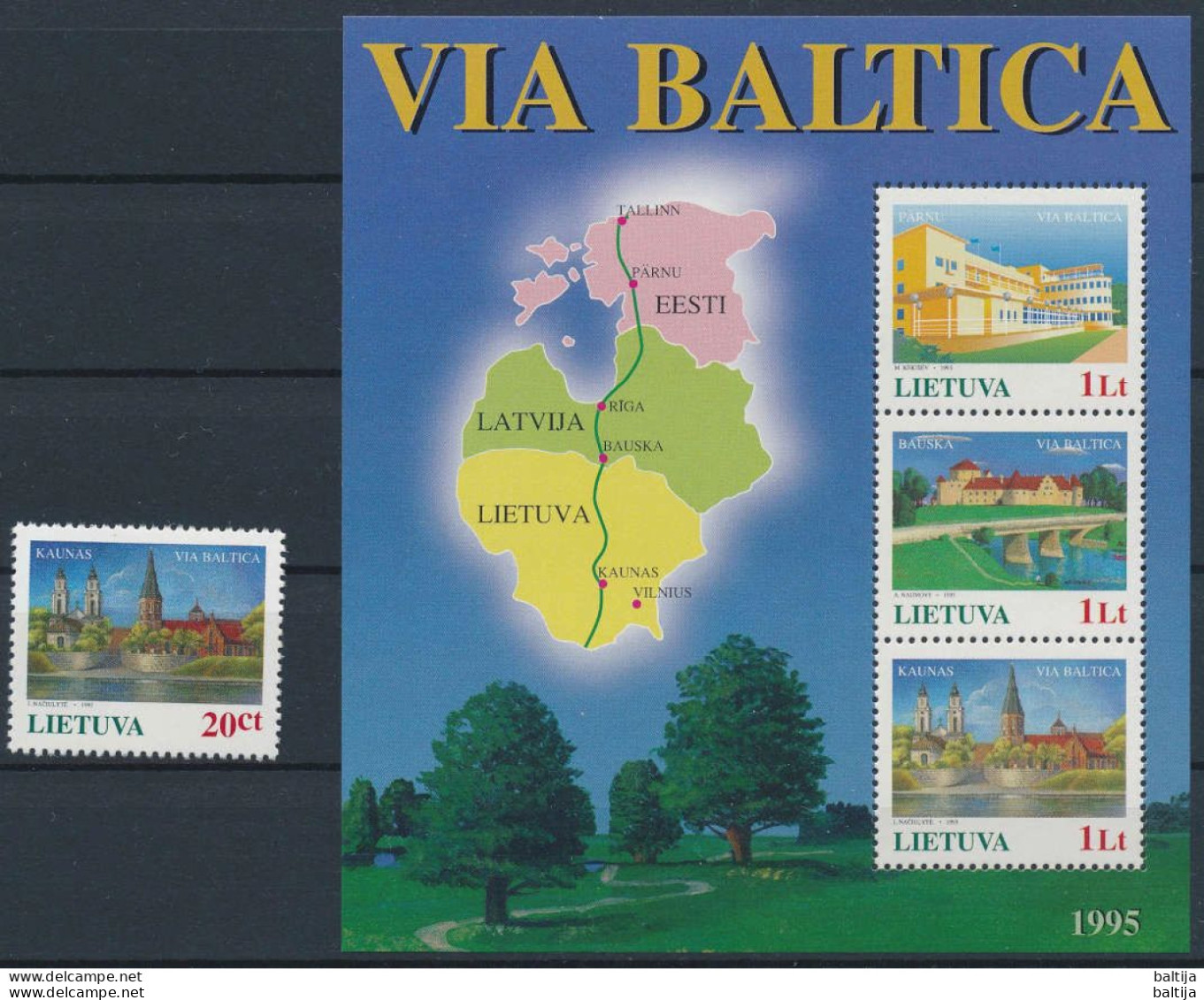 Mi 576 & Block 6 ** MNH / Via Baltica, Road, Infrastructure / Map, Chart, Pärnu, Bauska, Kaunas / Joint Issue - Litauen