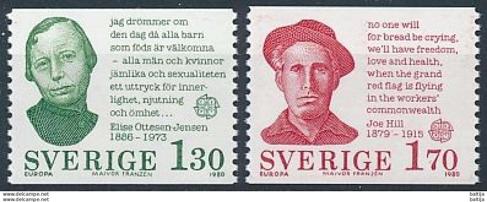 Sweden, Mi 1106-1107 ** MNH / Notable People, Elise Ottesen-Jensen, Joe Hill / CEPT, Europa - 1980