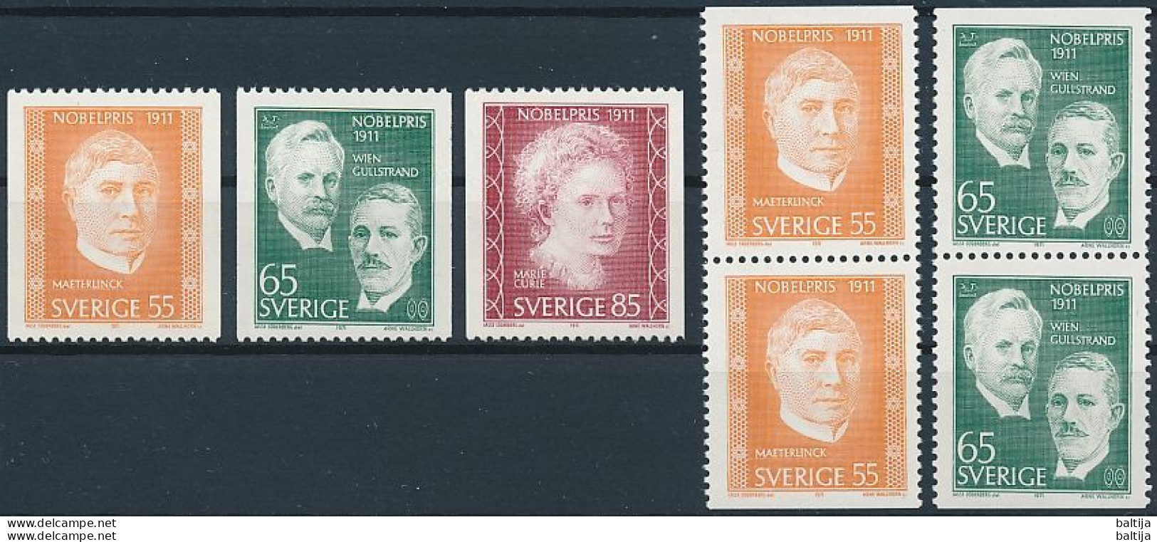 Sweden, Mi 734-736 ** MNH / Maurice Maeterlinck, Wilhelm Wien, Allvar Gullstrand, Marie Curie - Nobel Prize Laureates