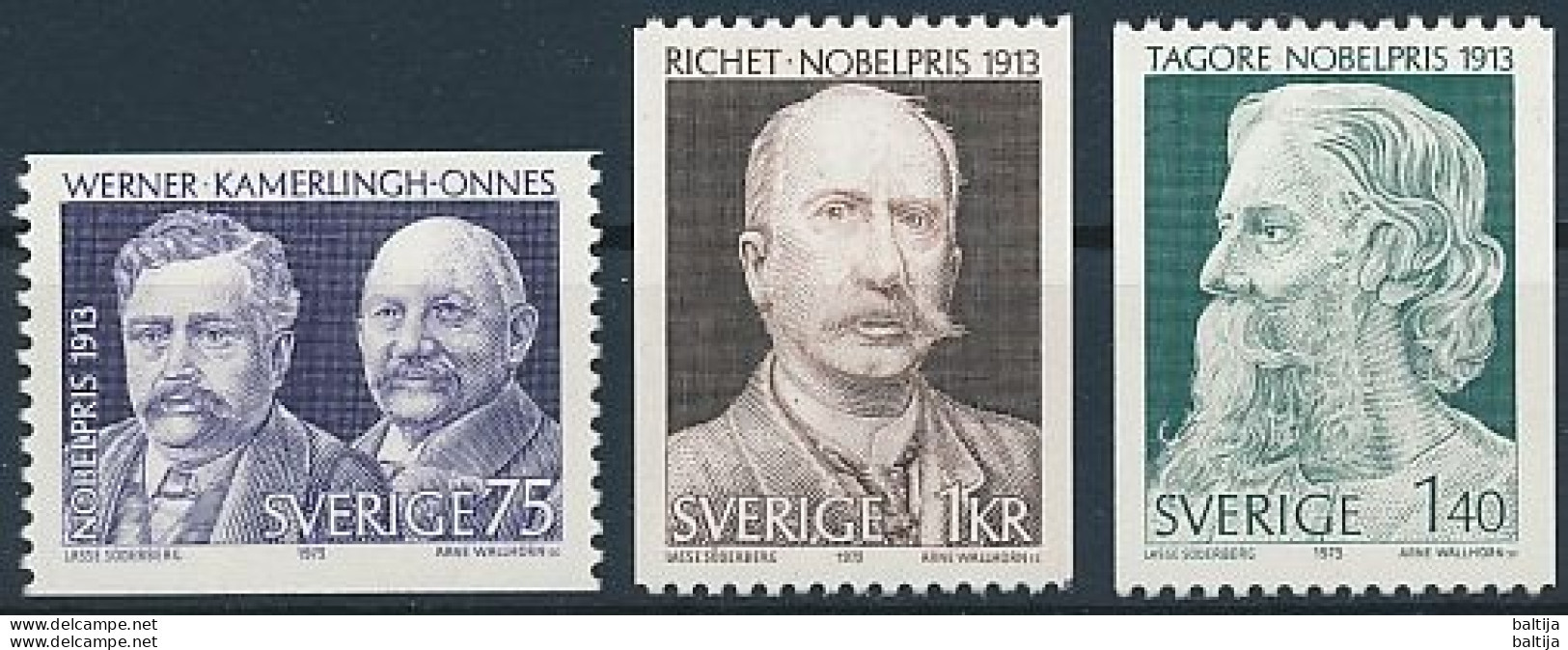 Sweden, Mi 833-835 ** MNH / Alfred Werner, Heike Kamerlingh Onnes, Charles Richet, Rabindranath Tagore - Prix Nobel