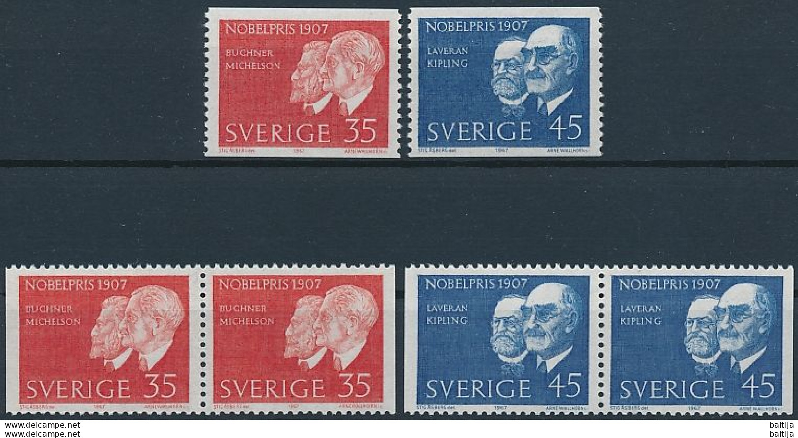 Sweden, Mi 596-597 ** MNH / Eduard Buchner, Albert A. Michelson, Charles Louis Alphonse Laveran, Rudyard Kipling - Nobelpreisträger