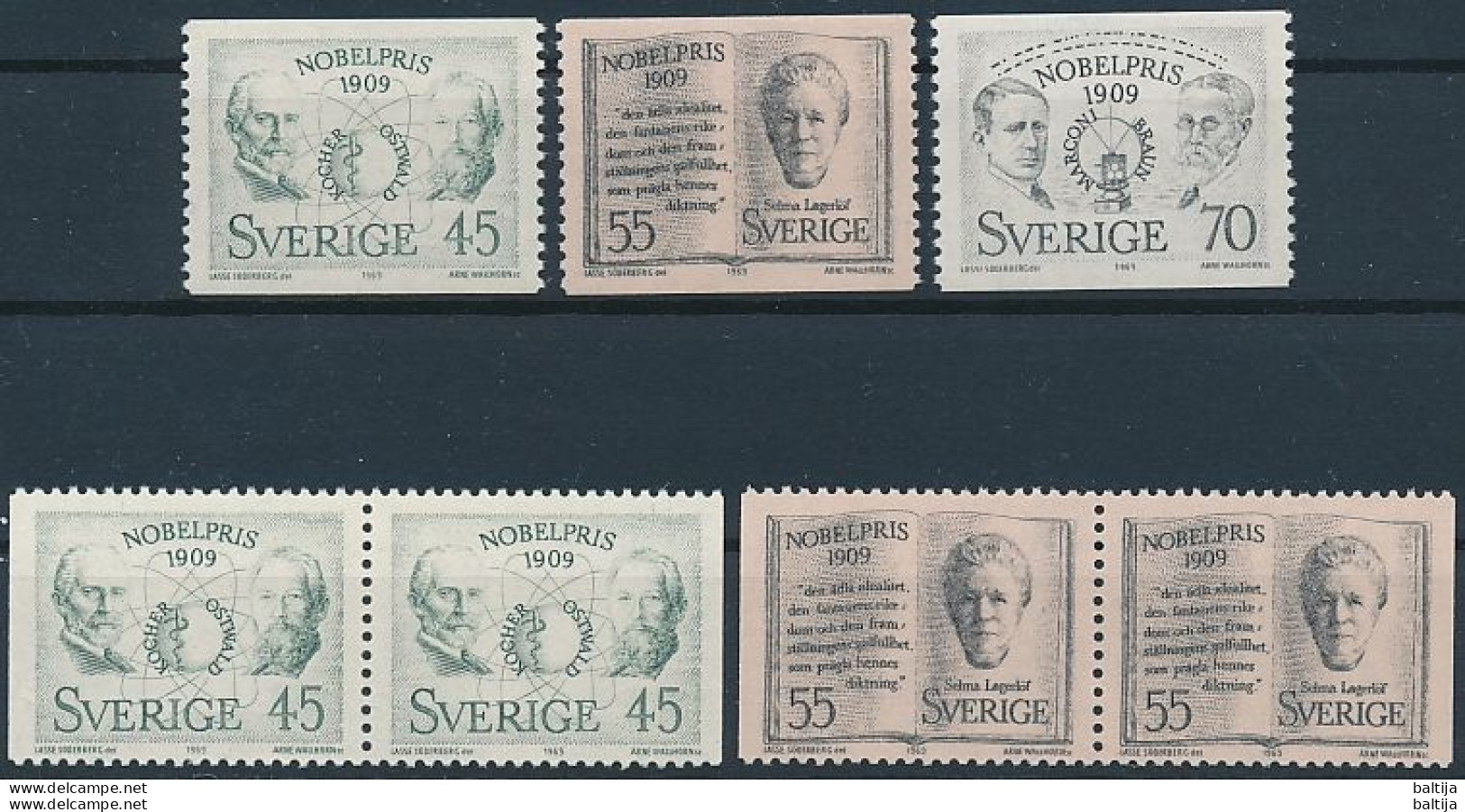 Sweden,Mi 662-663 ** MNH / Wilhelm Ostwald, Emil Theodor Kocher, Selma Lagerlöf, Guglielmo Marconi, Karl Ferdinand Braun - Premio Nobel