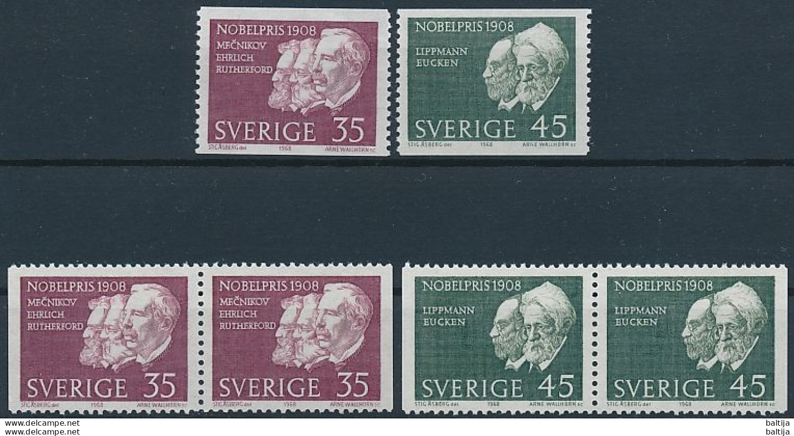 Sweden, Mi 626-627 ** MNH / Élie Metchnikoff, Paul Ehrlich, Ernest Rutherford, Gabriel Lippmann, Rudolf Eucken - Nobelpreisträger