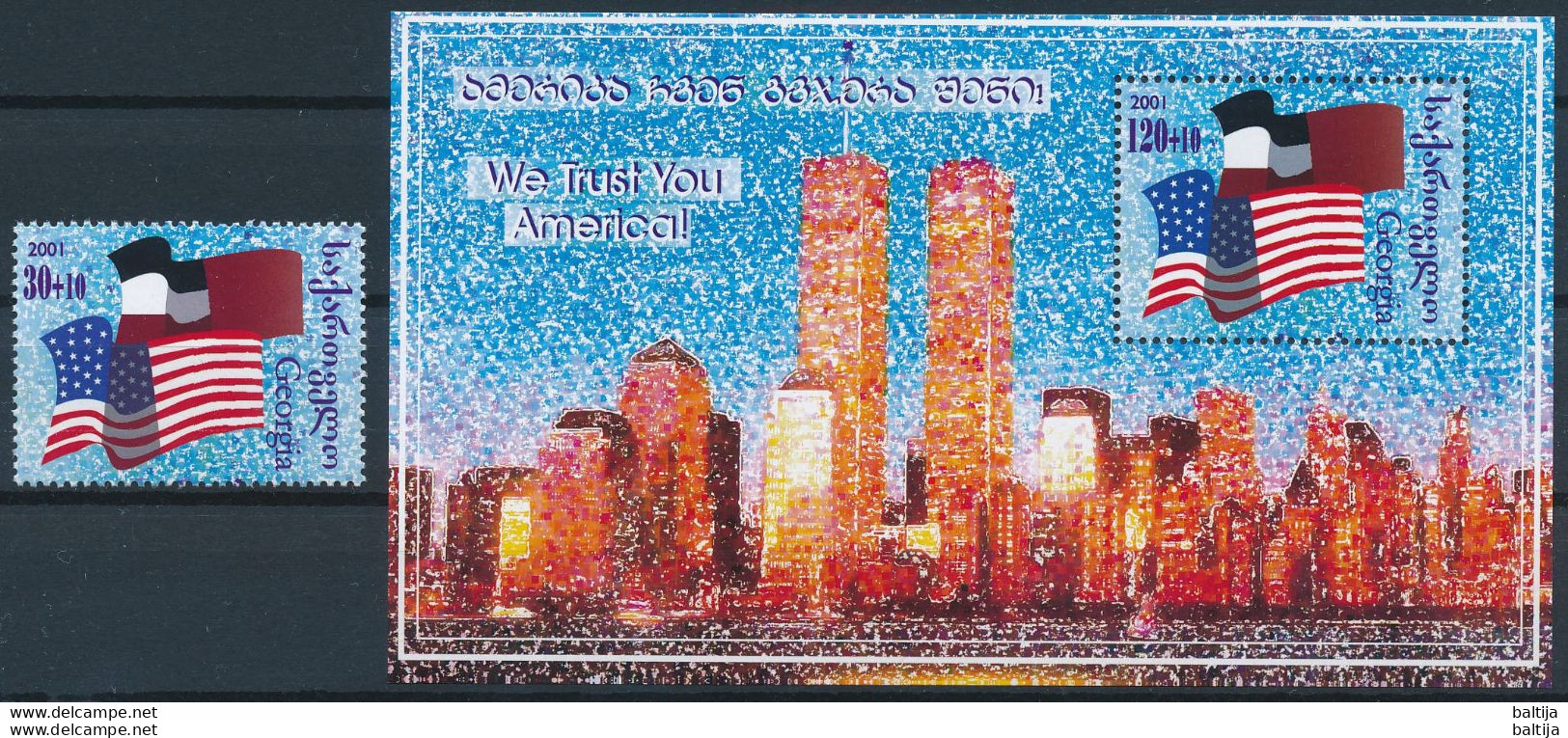 Mi 382 + Block 25 ** MNH / New York Skyline, Twin Towers, 9/11, Flag - Géorgie