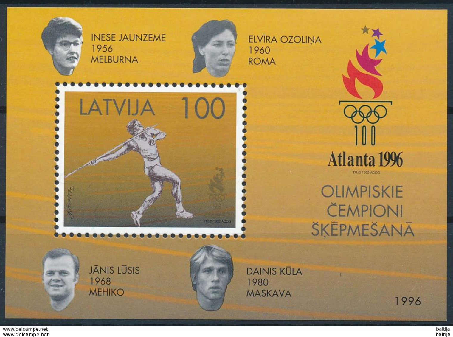 Latvia, Mi Block 9 ** MNH / Summer Olympics Atlanta 1996 / Javelin - Zomer 1996: Atlanta