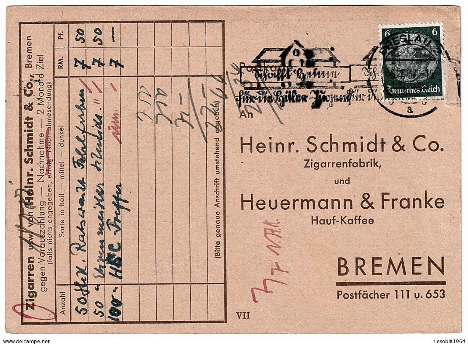 Company Postcard H.Schmidt & Co. Cigar Factory & Heurenmann & Franke Hauf-Kaffe BREMEN Special Seal Breslau 07/06/1937 - Tarjetas