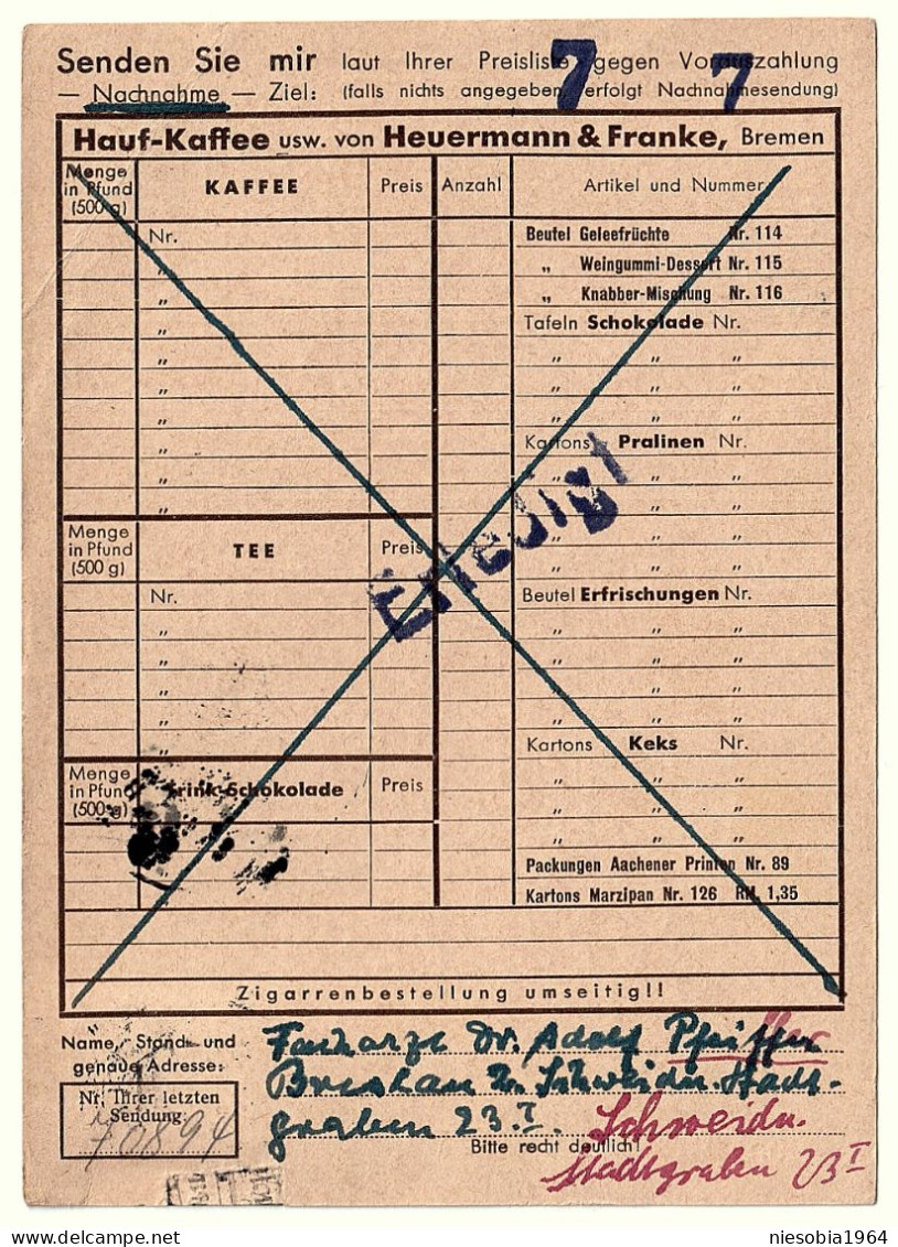 Company Postcard H.Schmidt & Co. Cigar Factory & Heurenmann & Franke Hauf-Kaffe BREMEN Special Seal Breslau 07/06/1937 - Postcards
