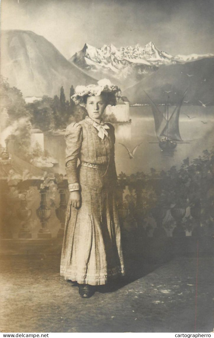 Social History Souvenir Photo Postcard Switzerland Lady Dress Hat Sailing Vessel - Photographs