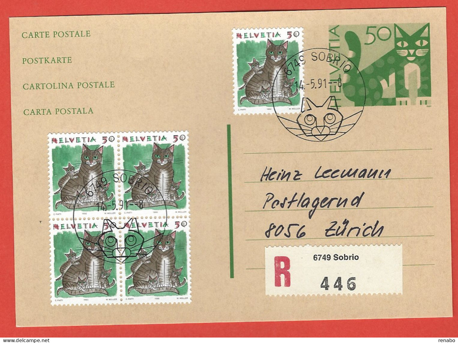 Switzerland Suisse Schweiz 1991; CAT Postal Stationery + Increase Cats, FDC With Cat, Registered Mail, Traveled. - Gatti