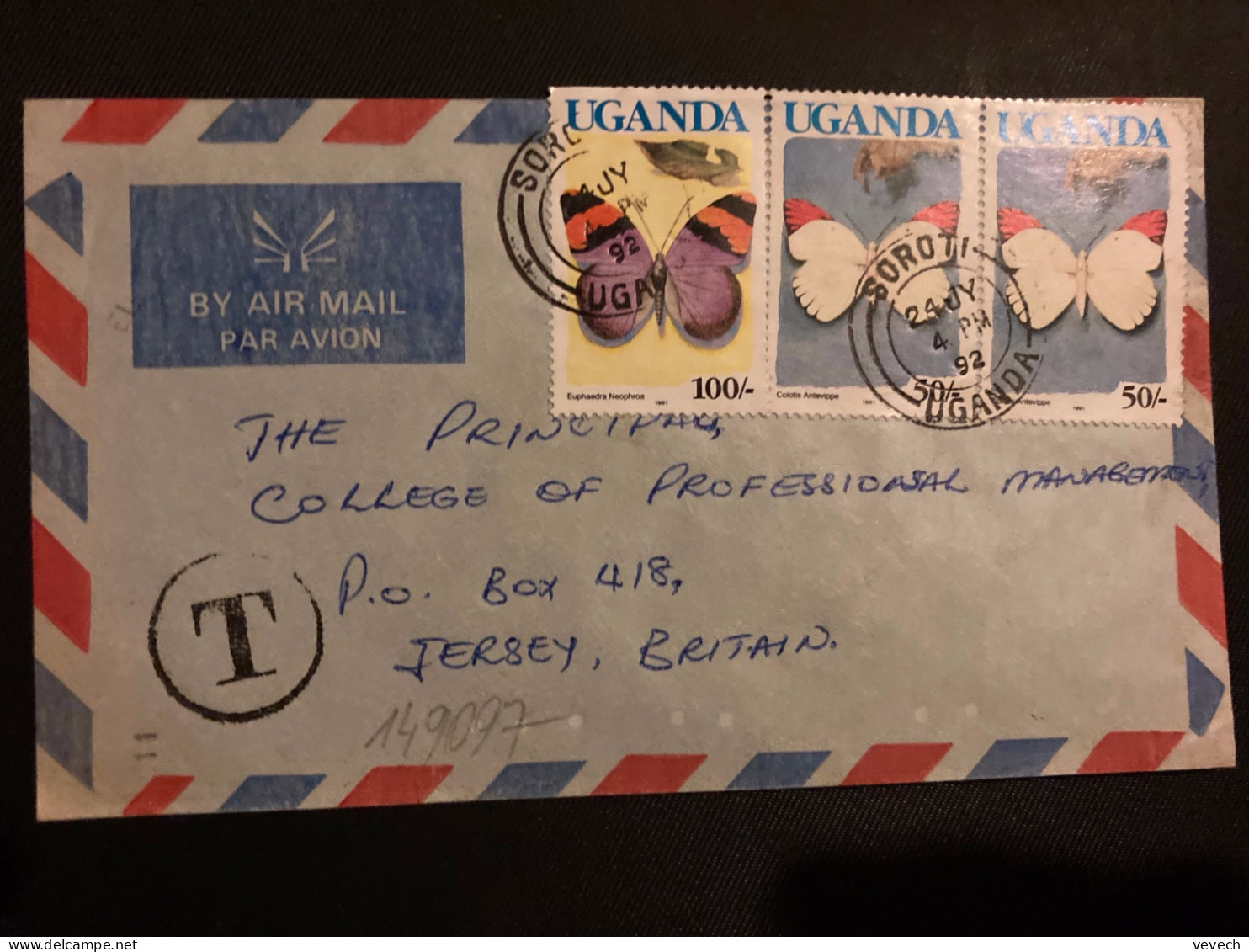 LETTRE Par Avion Pour JERSEY TP UGANDA PAILLON 100/ + 50/ Paire OBL.24 JY 92 SOROTI + T De TAXE - Autres - Afrique