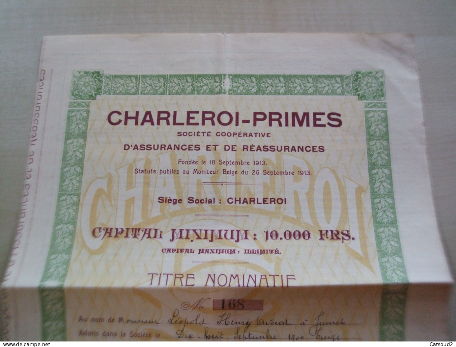 Ancien Titre 1913 CHARLEROI-PRIMES - Autres & Non Classés