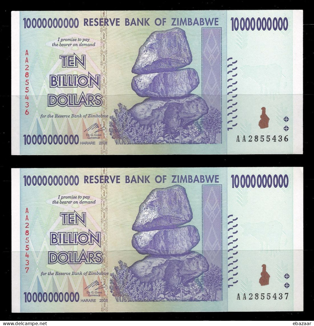 Zimbabwe 2008 Pair Banknotes 10 Billion Dollars ($10.000.000.000) P-85 Consecutive Serial Number XF AUNC - Zimbabwe