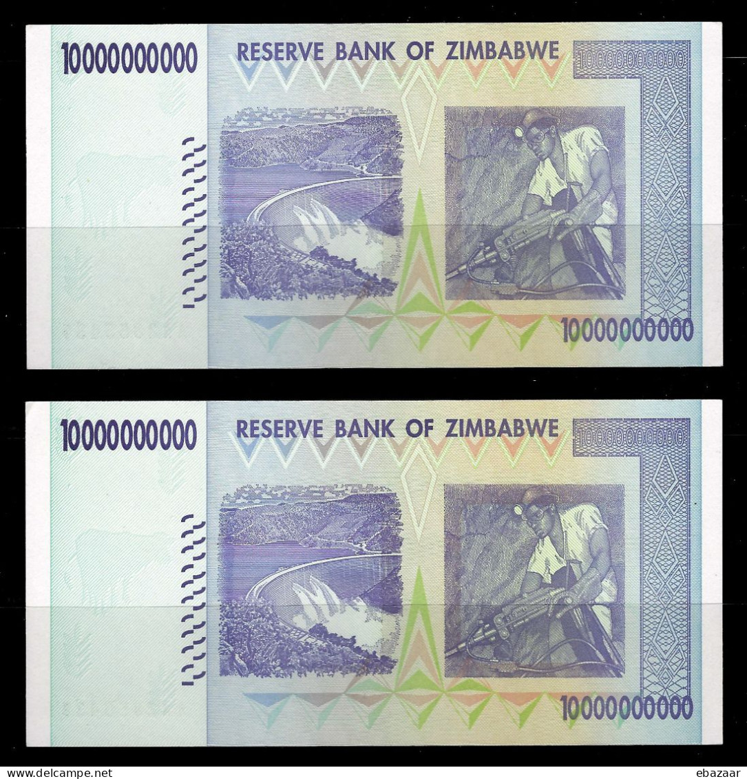 Zimbabwe 2008 Pair Banknotes 10 Billion Dollars ($10.000.000.000) P-85 Consecutive Serial Number XF AUNC - Simbabwe