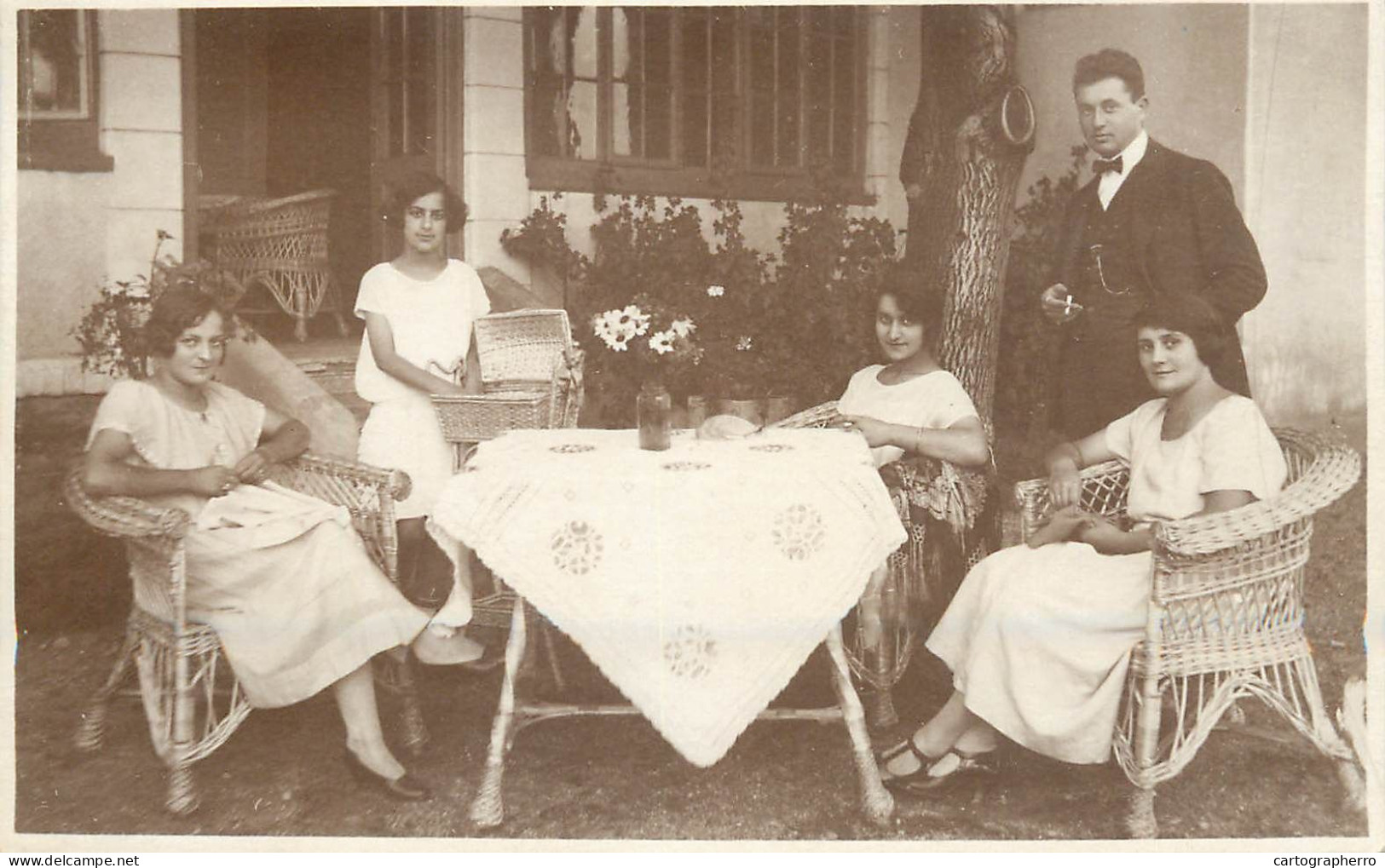 Social History Souvenir Photo Postcard Girls At Garden Table Elegance - Photographs