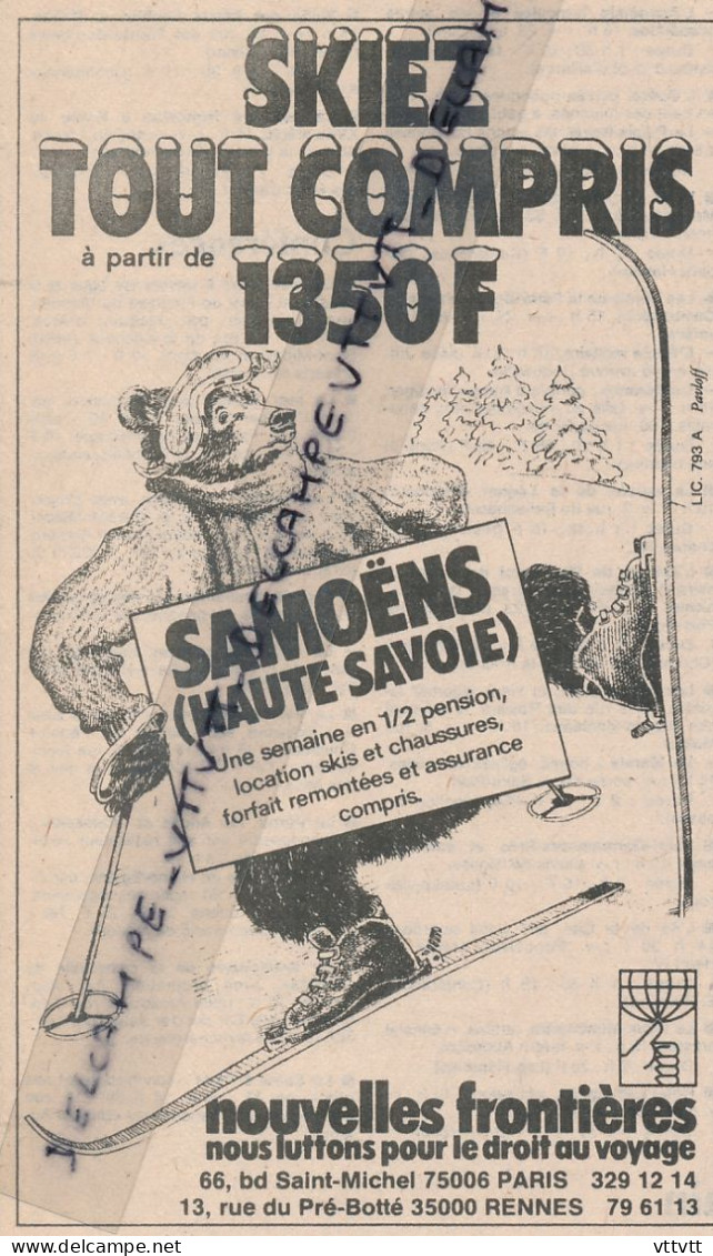 Ancienne Publicité (1982) : Tourisme, Skiez Tout Compris à Samoens (Haute-Savoie), Nouvelles Frontières, Paris, Rennes - Publicités