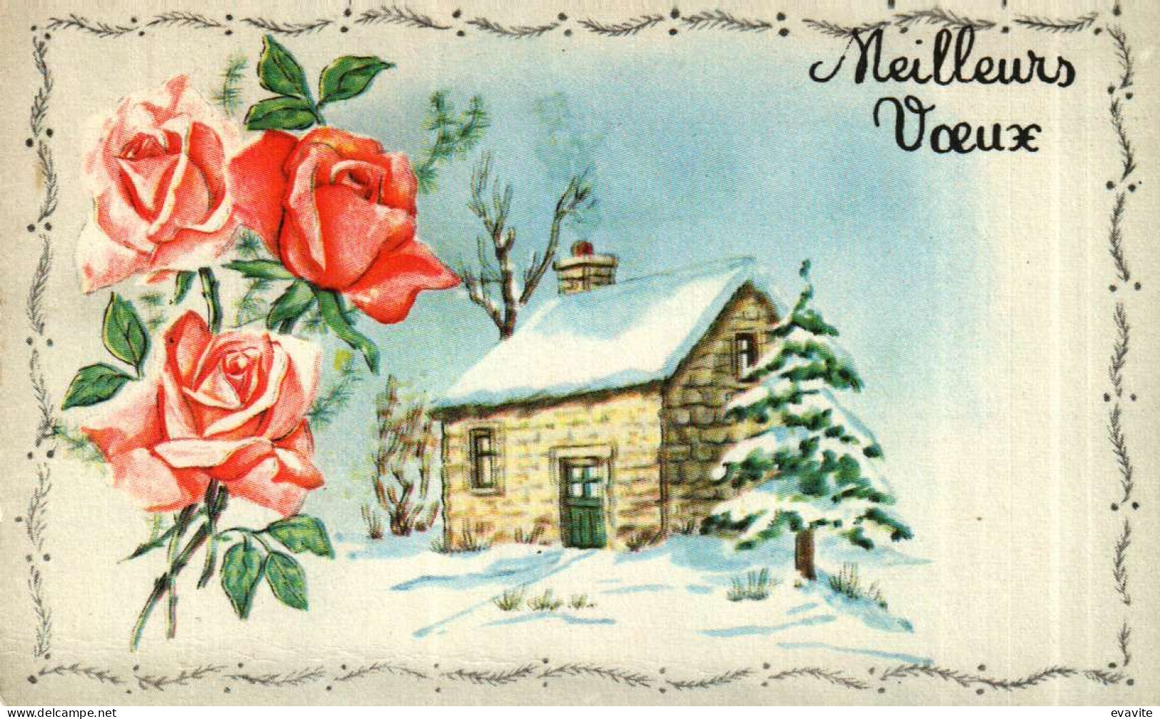 Petite Carte Mignonette     Meilleurs Voeux   Maisonnette, Roses - New Year