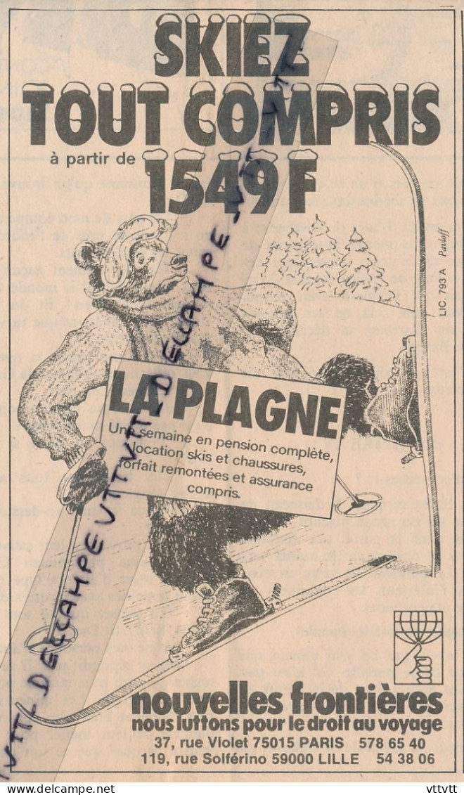 Ancienne Publicité (1982) : Tourisme, Skiez Tout Compris à La Plagne, Nouvelles Frontières, Paris, Rennes - Publicités