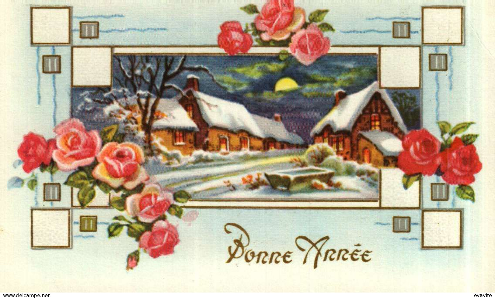 Petite Carte Mignonette     Bonne Année   Village, Roses, Neige - New Year