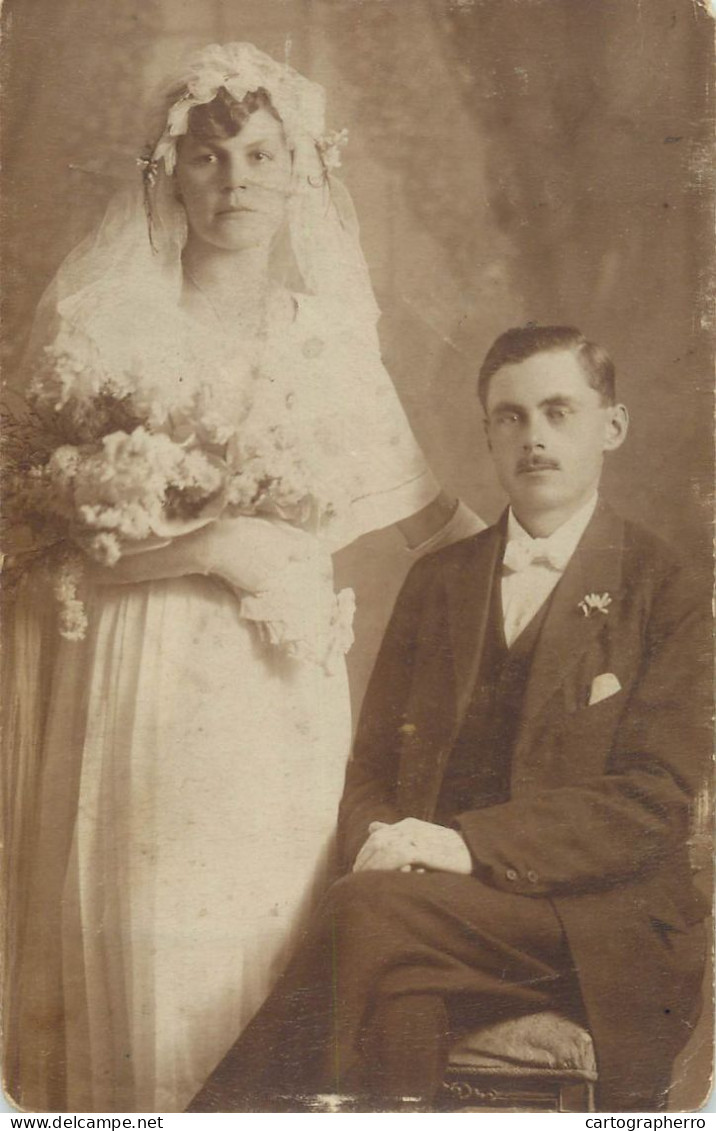 Social History Souvenir Photo Postcard Wedding Couple Moustache Bride Groom - Noces