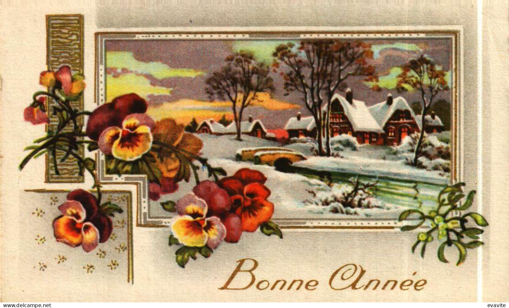 Petite Carte Mignonette     Bonne Année   Village, Pensées, Neige - New Year