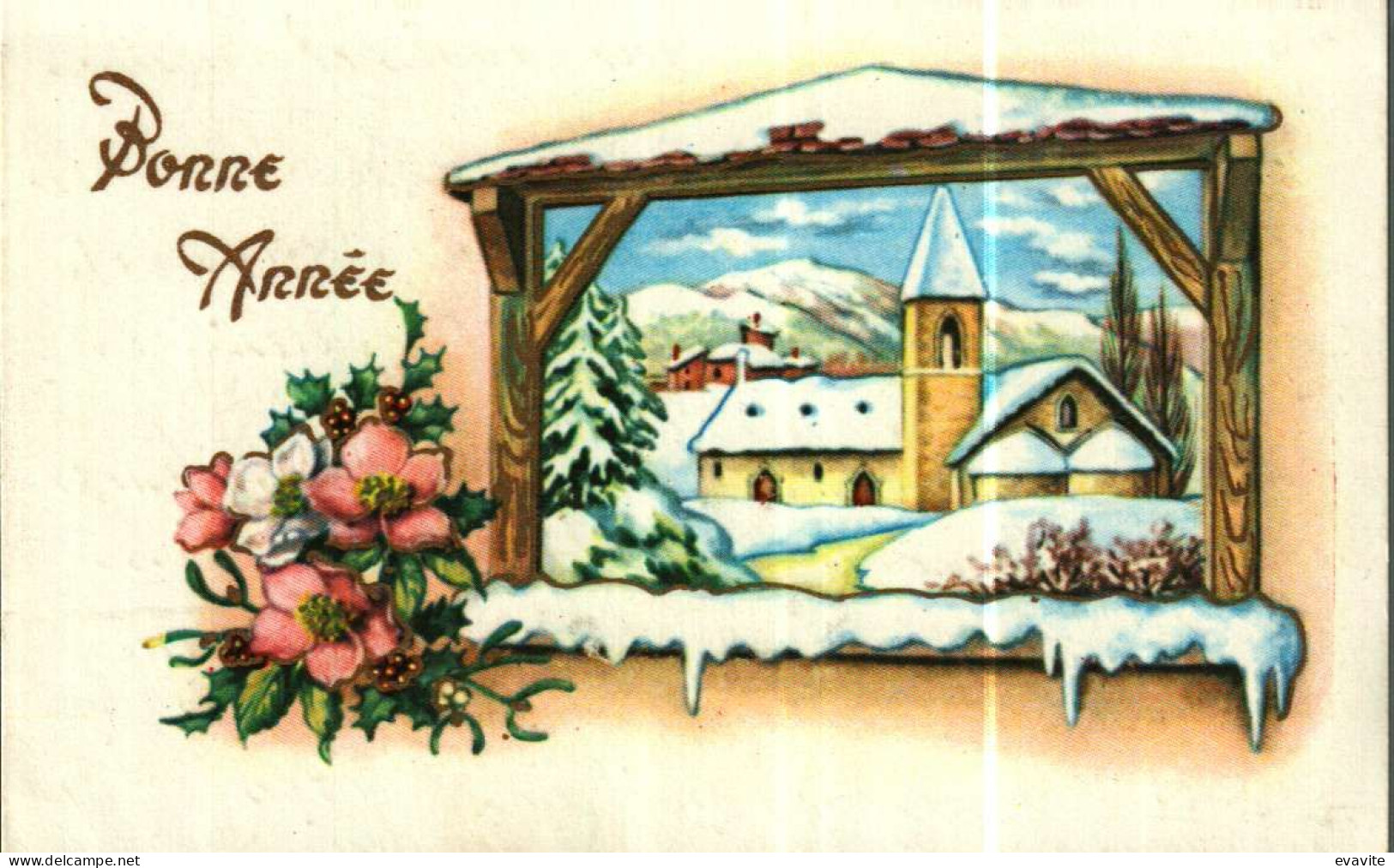 Petite Carte Mignonette     Bonne Année   Village,neige, Fleurs - New Year