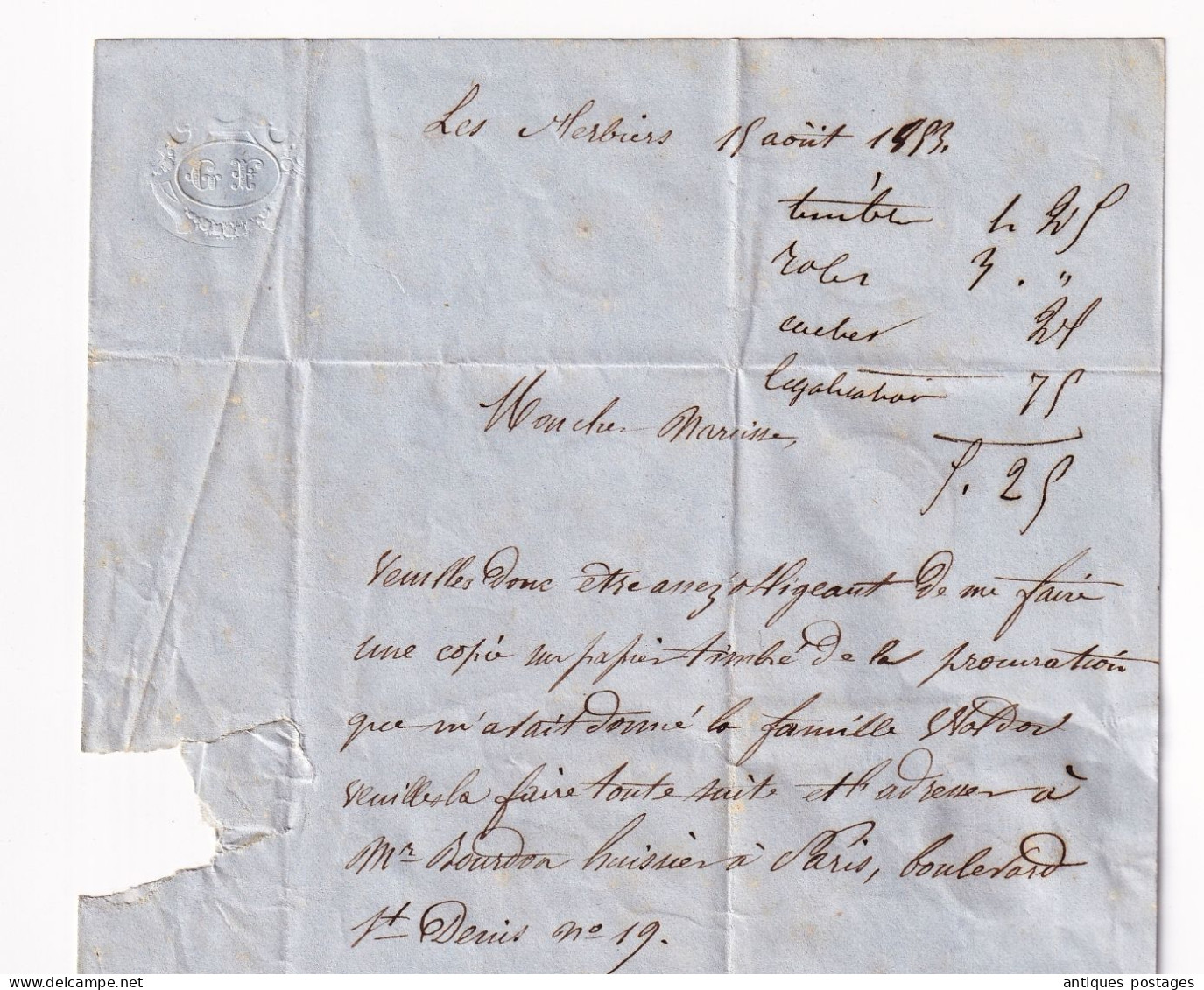 Lettre 1858 avec Correspondance Comptoir Rural Les Herbiers Vendée Montfaucon-sur-Moine Maine et Loire Montigné