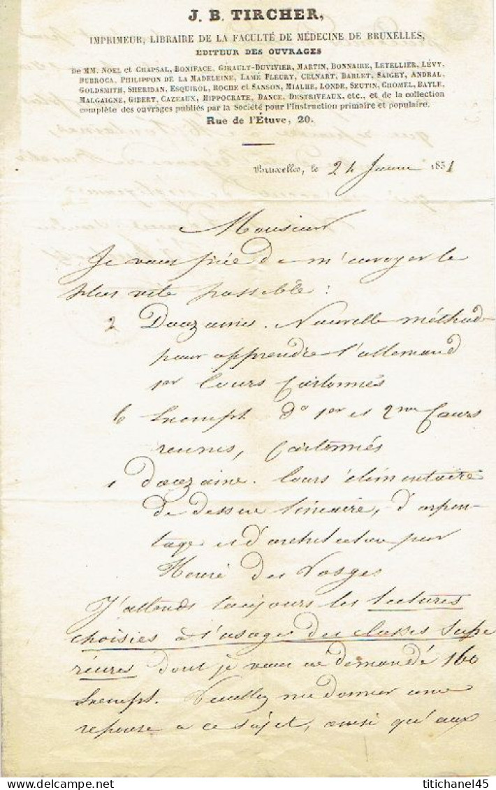 Médaillon N°4A Obl P24  BRUXELLES (24/01/51) S/LAC + Entête J.B. TIRCHER Editeur-Imprimeur Faculté Médecine De BRUXELLES - 1849-1850 Medallones (3/5)