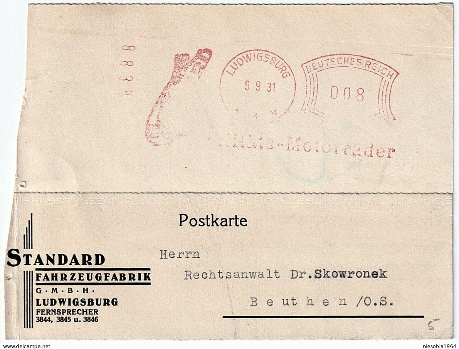 STANDARD Vehicle Factory Company Postcard Special Seal DR 006 Ludwigsburg 09.09.1931 - Tarjetas