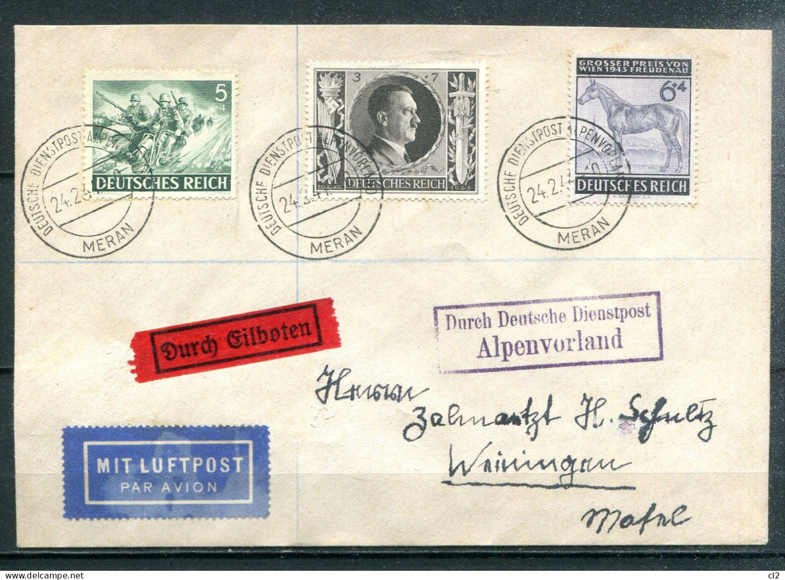 ALLEMAGNE - 24.2.44 - Lettre Par Avion - Durch Deutsche Dienspost Alpenvorland - MERAN Nach WAININGEN (voir Description) - Lettres & Documents