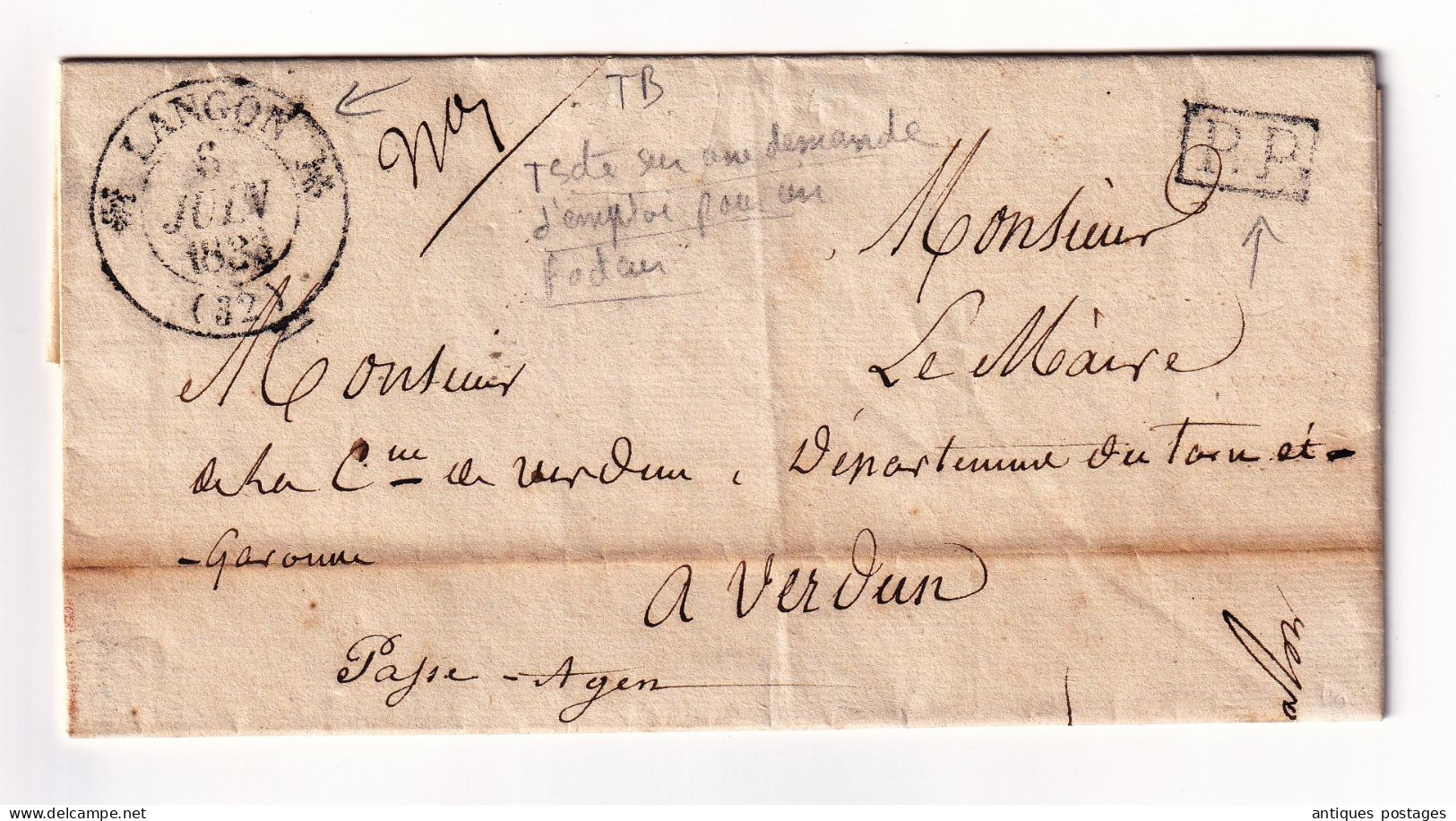 Lettre 1833 Port Payé Avec Correspondance Langon Gironde Maire Verdun Sur Garonne Facteur - 1801-1848: Precursori XIX