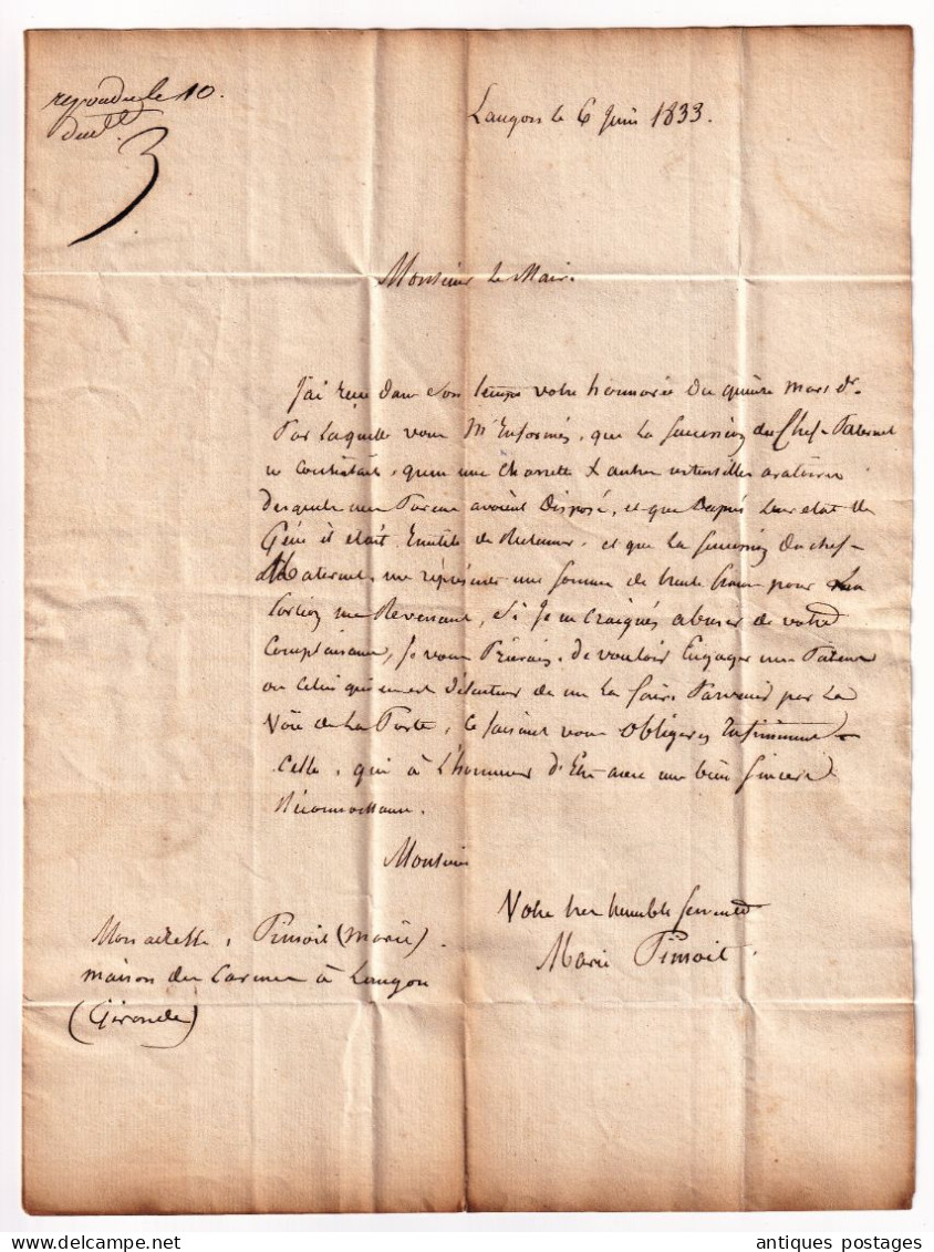 Lettre 1833 Port Payé Avec Correspondance Langon Gironde Maire Verdun Sur Garonne Facteur - 1801-1848: Precursori XIX