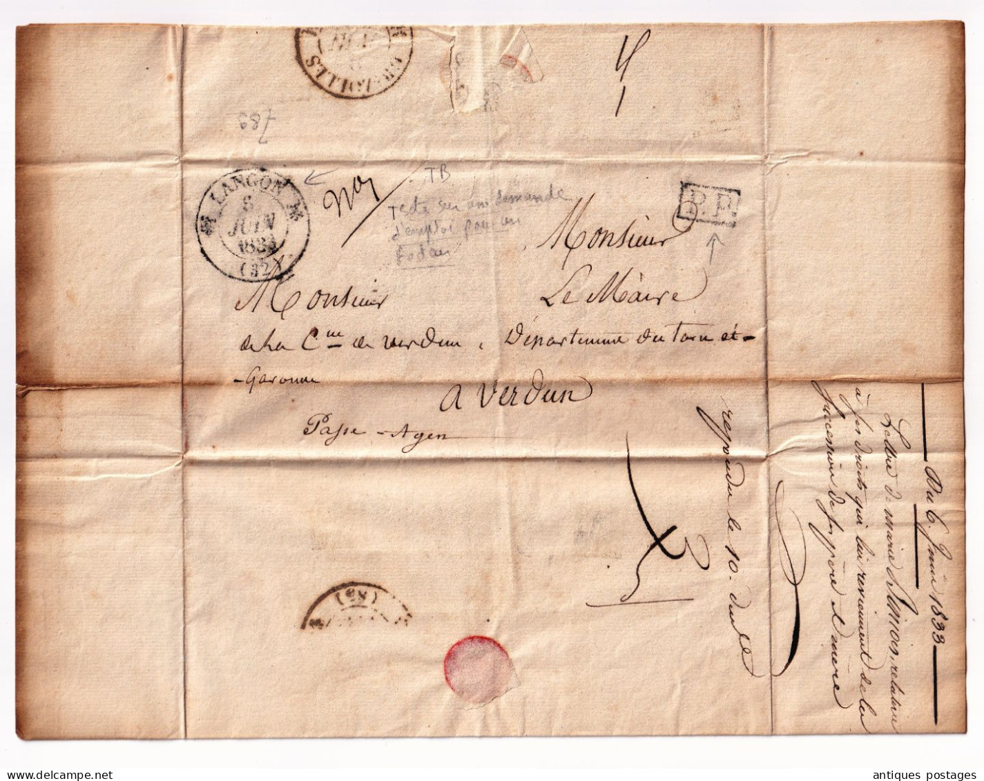 Lettre 1833 Port Payé Avec Correspondance Langon Gironde Maire Verdun Sur Garonne Facteur - 1801-1848: Precursores XIX